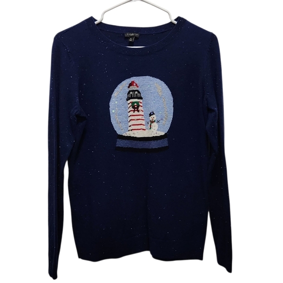 Talbots Sweaters - TALBOTS Navy Lighthouse Snowman Snow Globe Sweater Lambs wool Blend Size SP